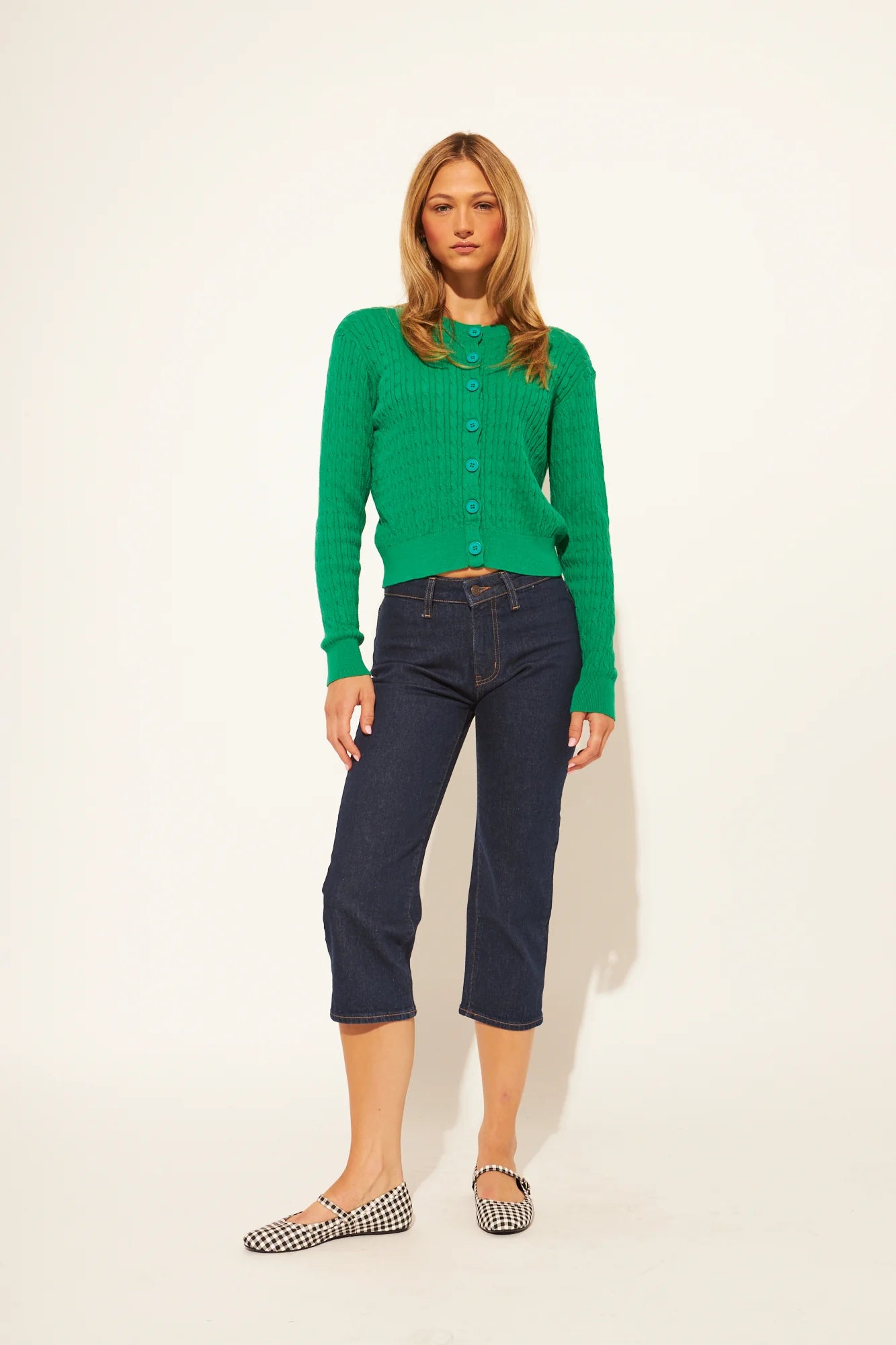 green cable knit cardigan
