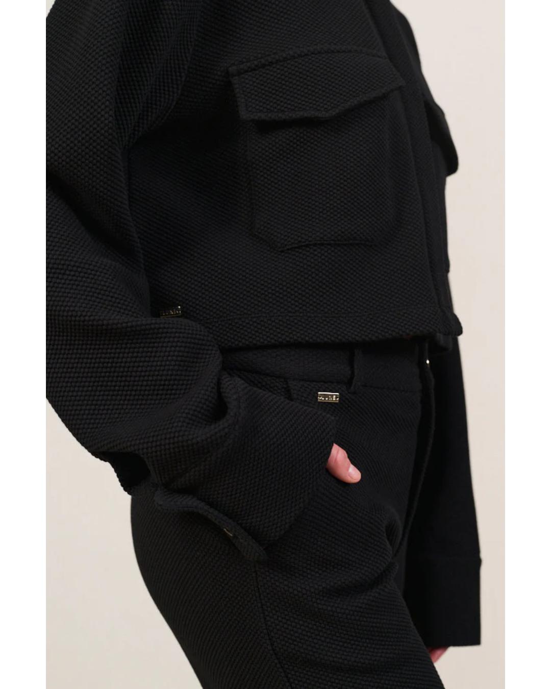 cropped black jacket with collar and pockets on chest