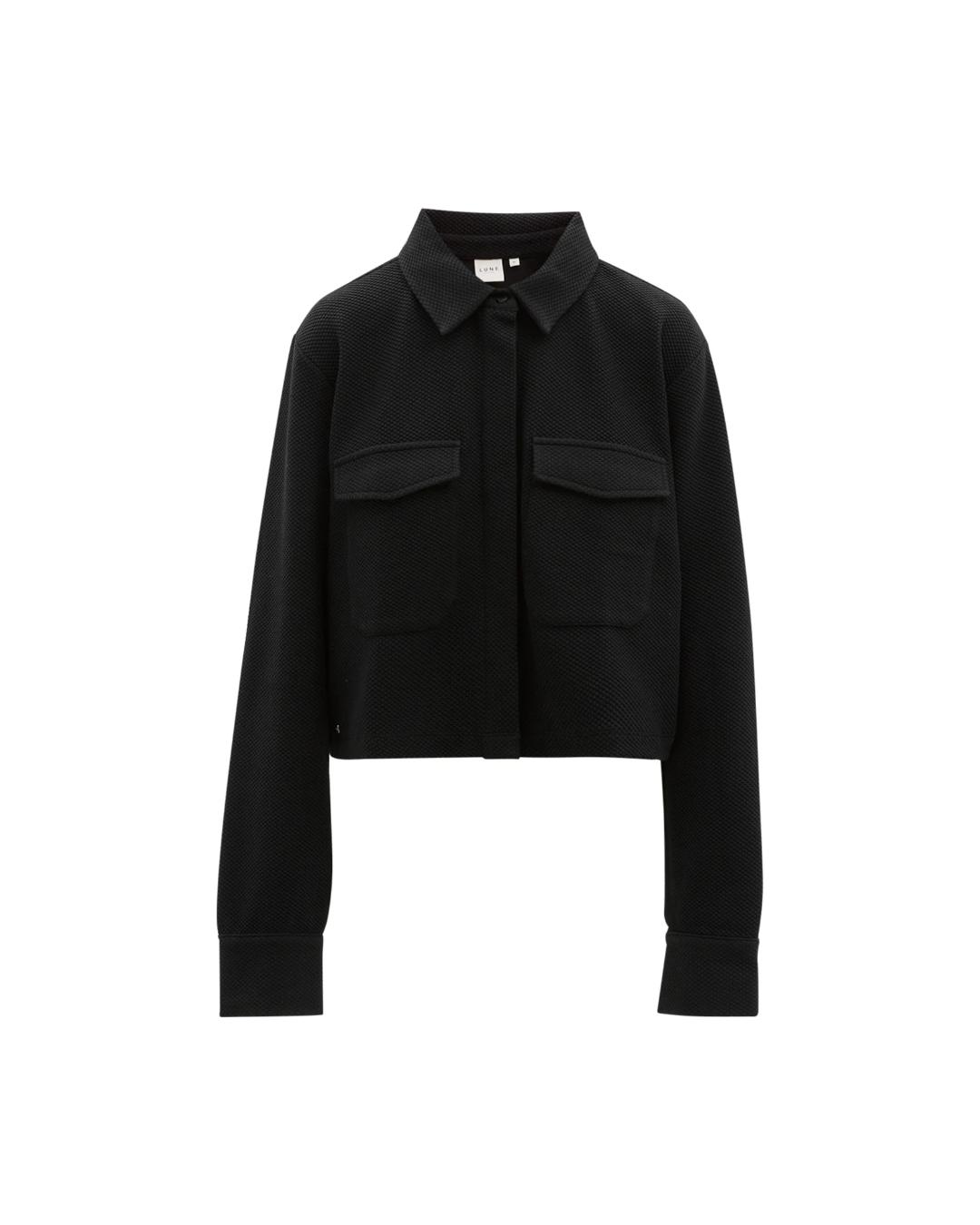 cropped black jacket with collar and pockets on chest