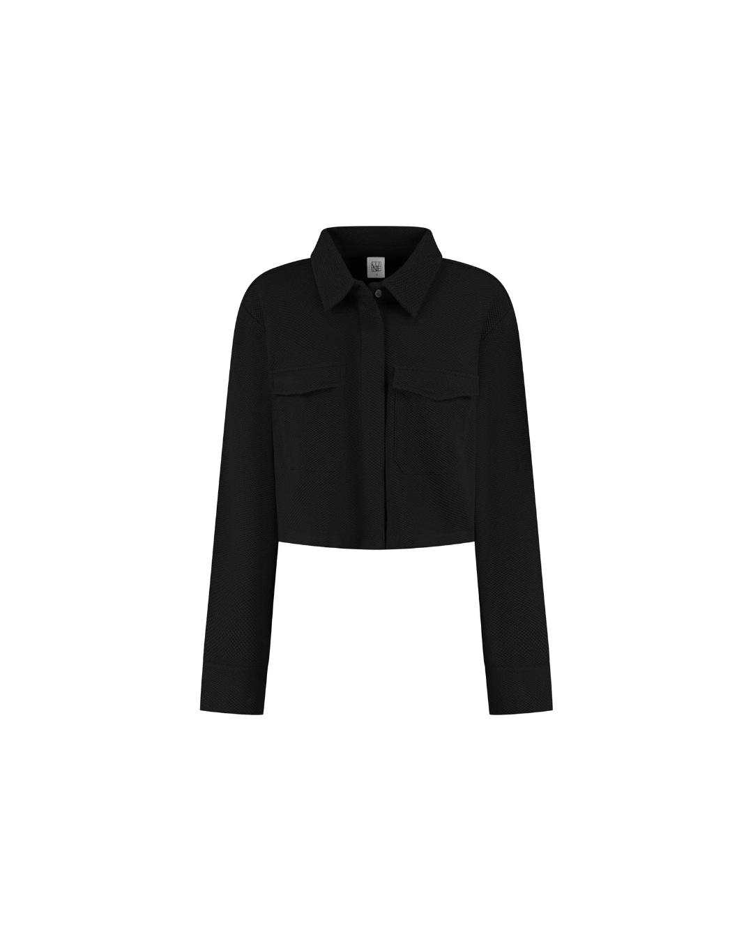 cropped black jacket with collar and pockets on chest