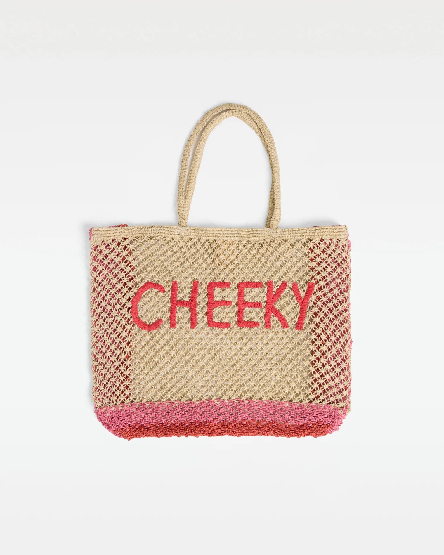 large resort tote with cheeky in text in pink