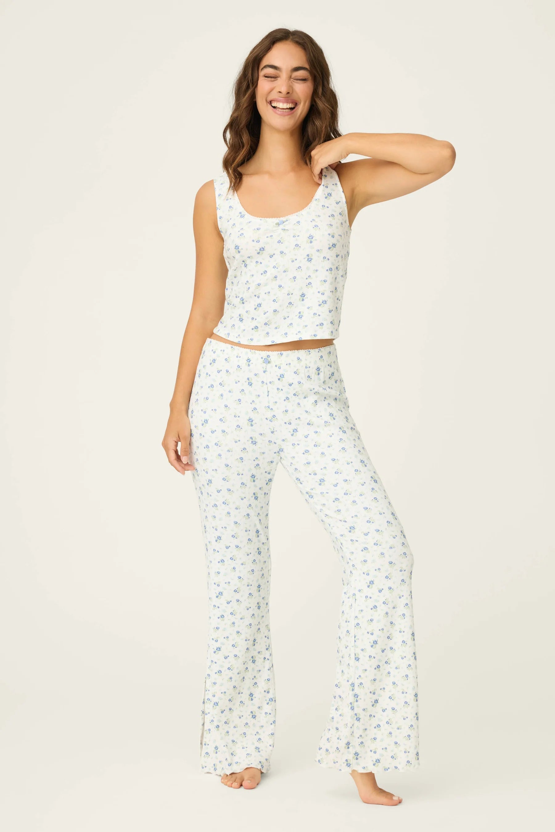 tank top and pant pj set in white with blue floral print