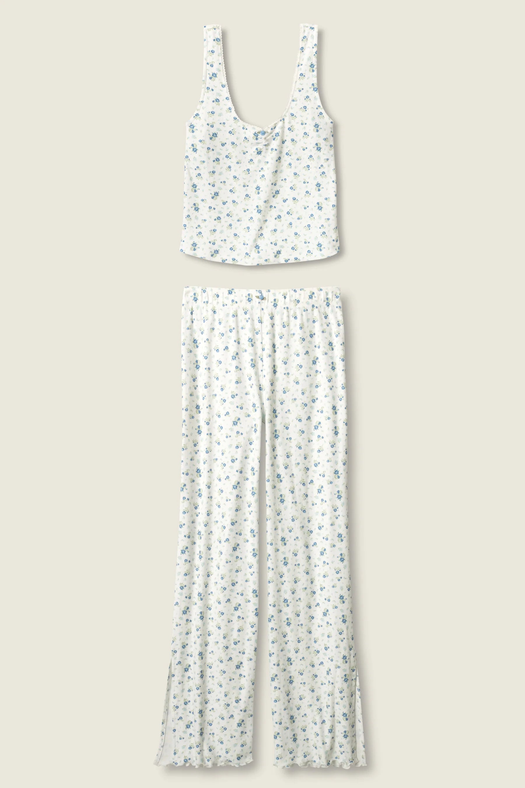 tank top and pant pj set in white with blue floral print