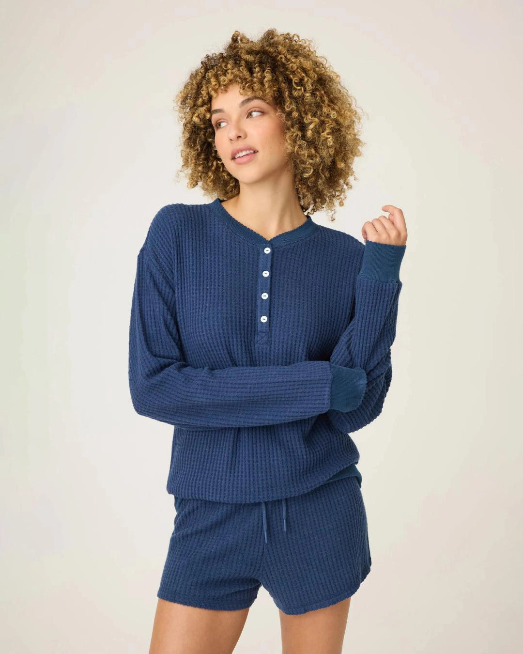 lounge waffle shirt in navy with four buttons down half the shirt