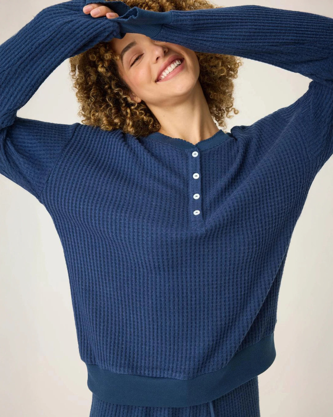 lounge waffle shirt in navy with four buttons down half the shirt