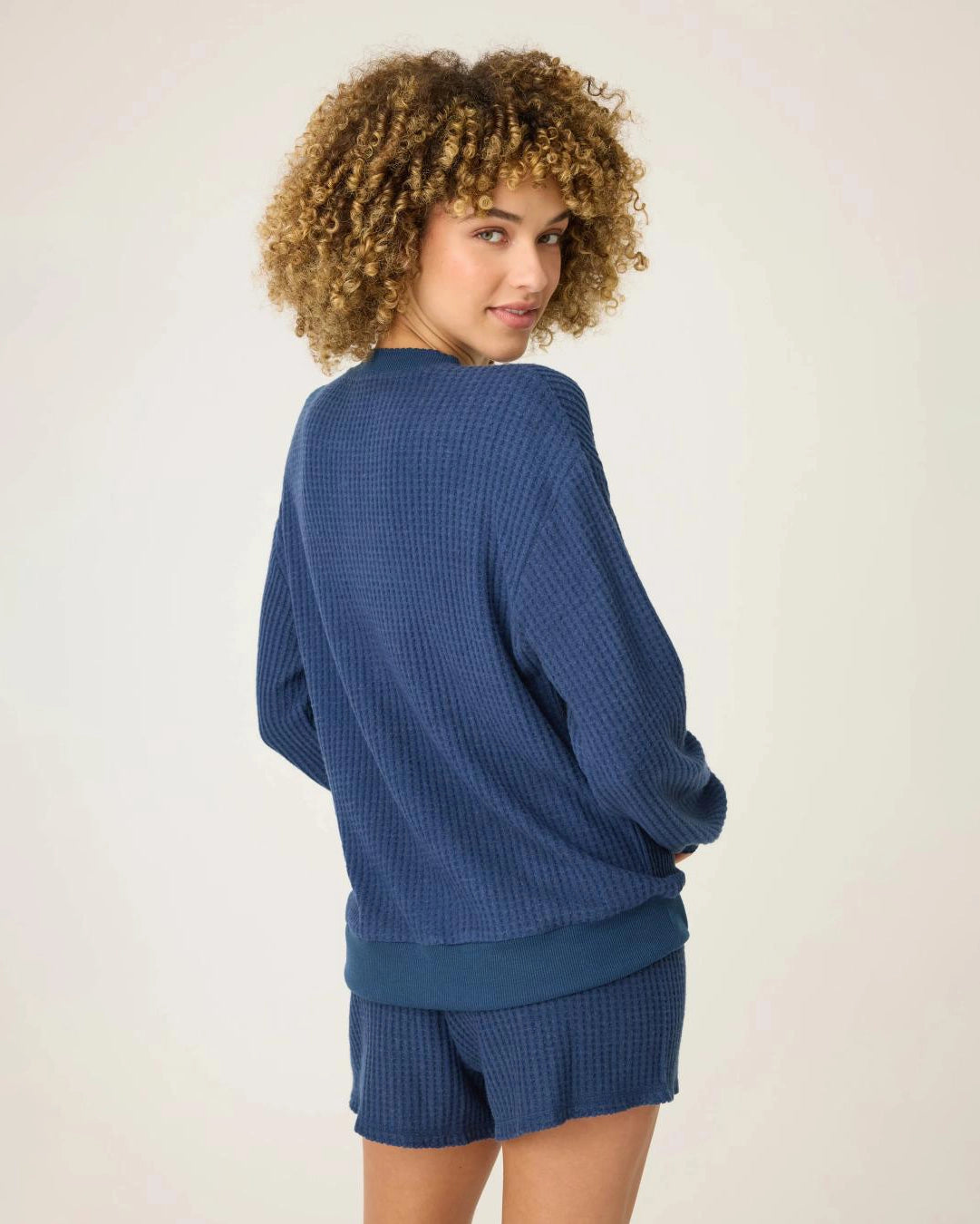 lounge waffle shirt in navy with four buttons down half the shirt