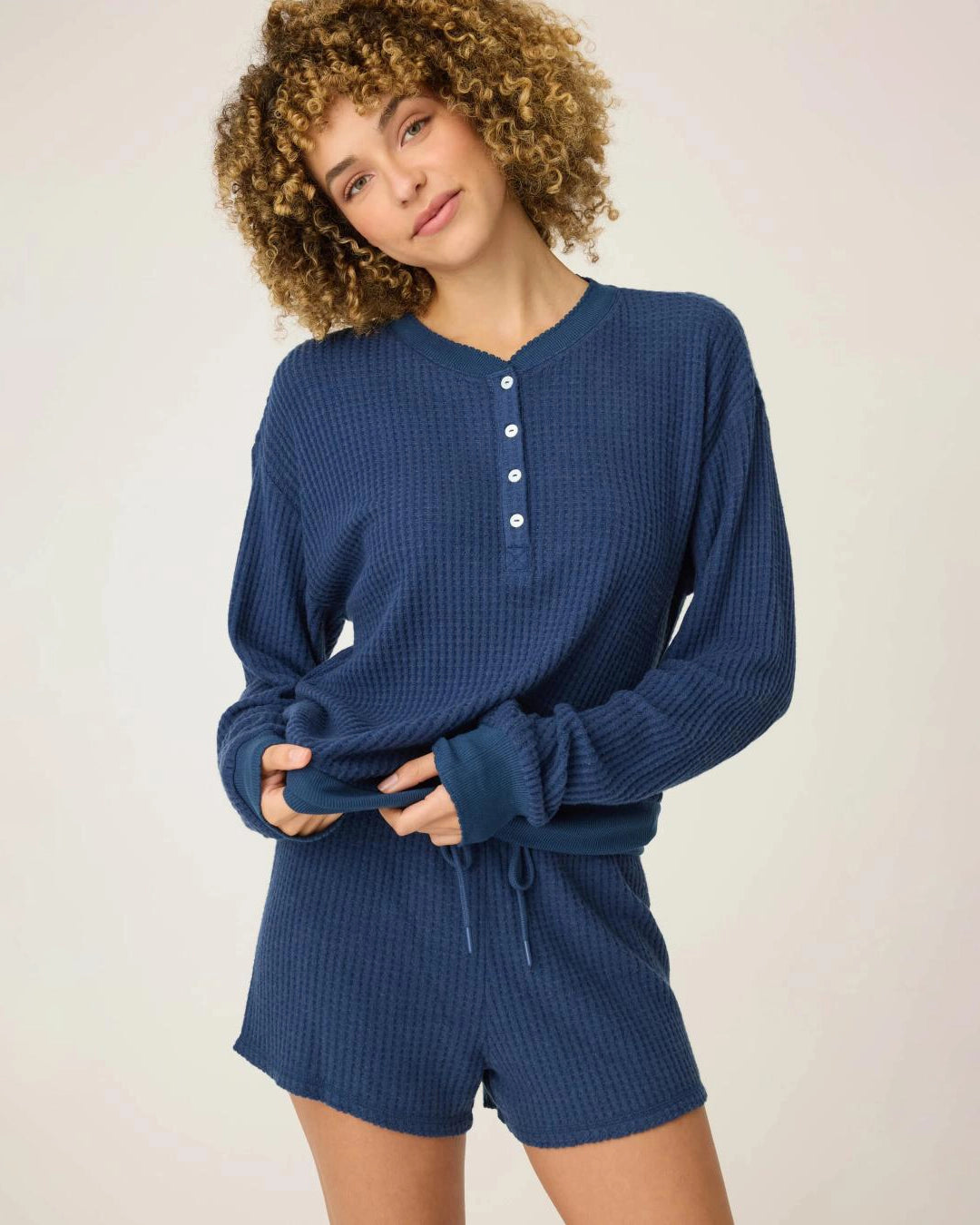 lounge waffle shirt in navy with four buttons down half the shirt