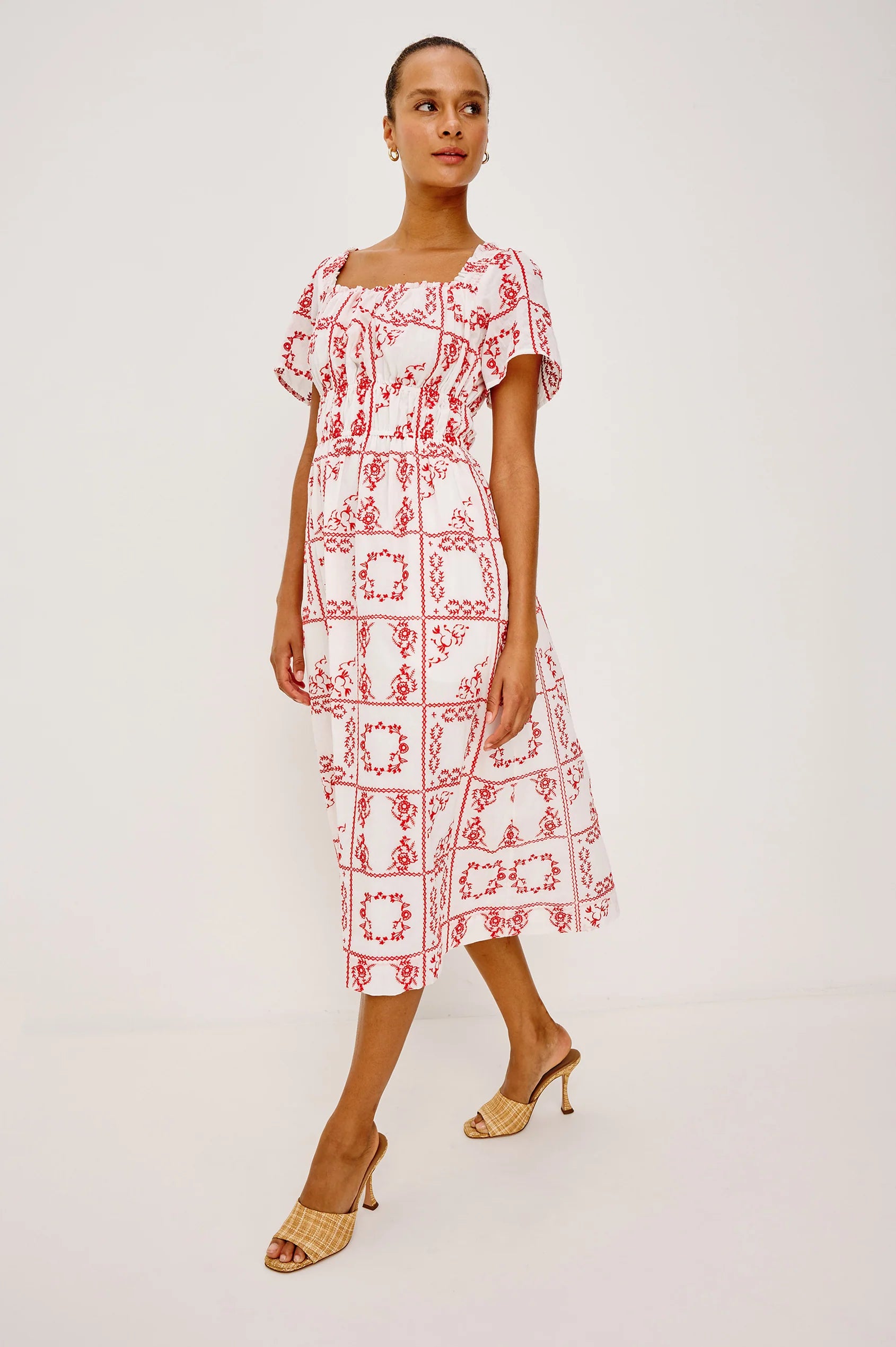 midi dress in red and white