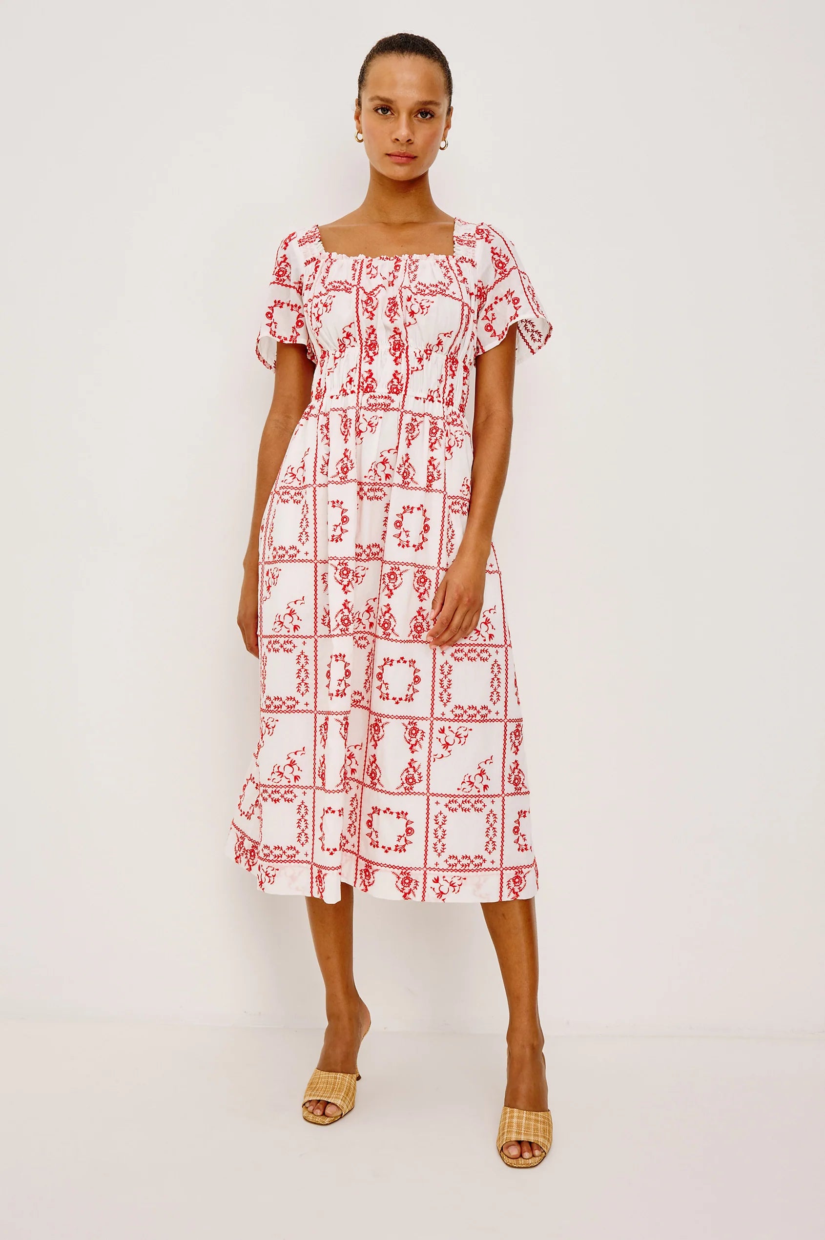 midi dress in red and white