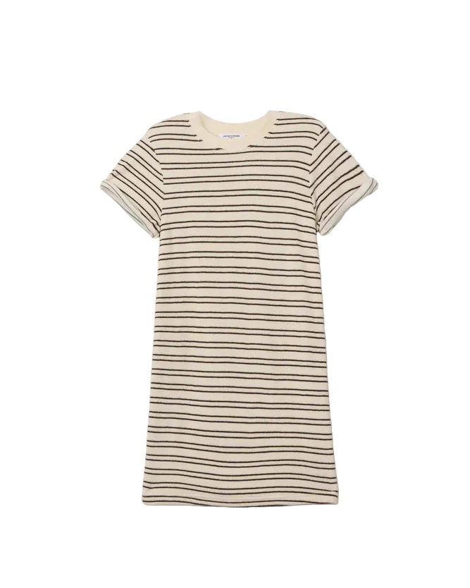 terry short sleeve dress in cream and brown stripe