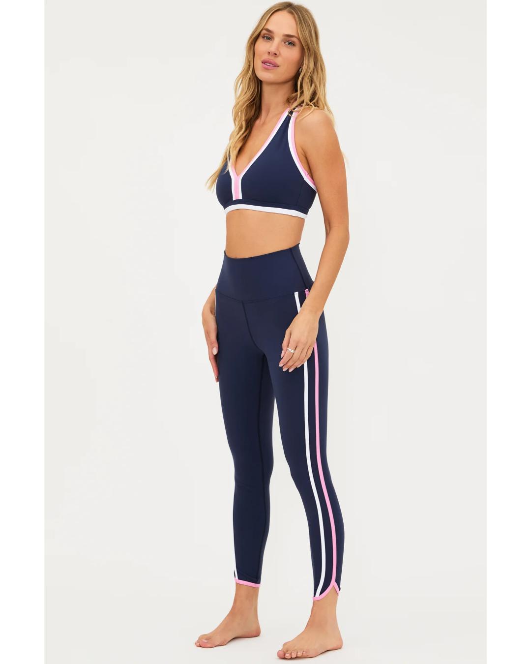 navy leggings with pink and white stripe