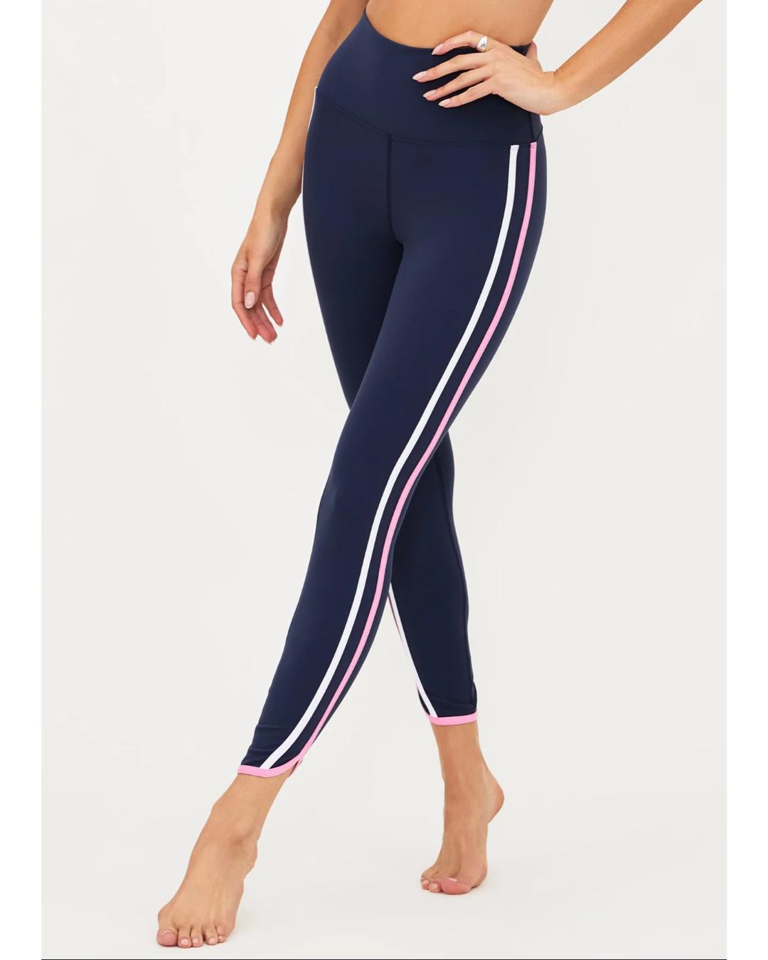 navy leggings with pink and white stripe