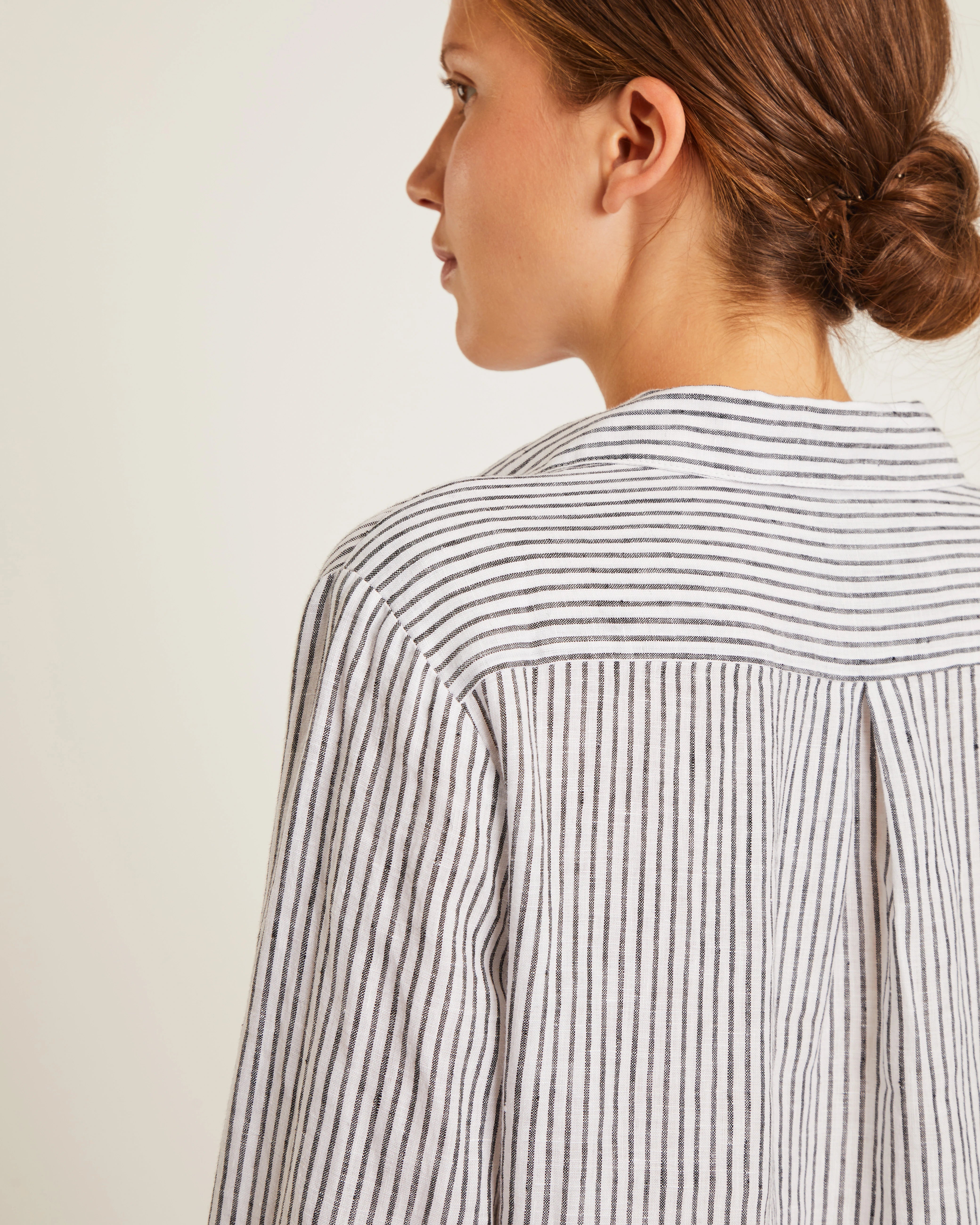 long linen button down dress in black and white stripe
