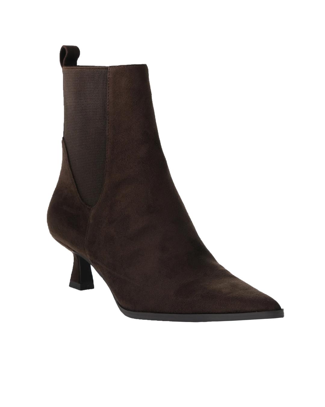brown suede angle boot with a kitten heel