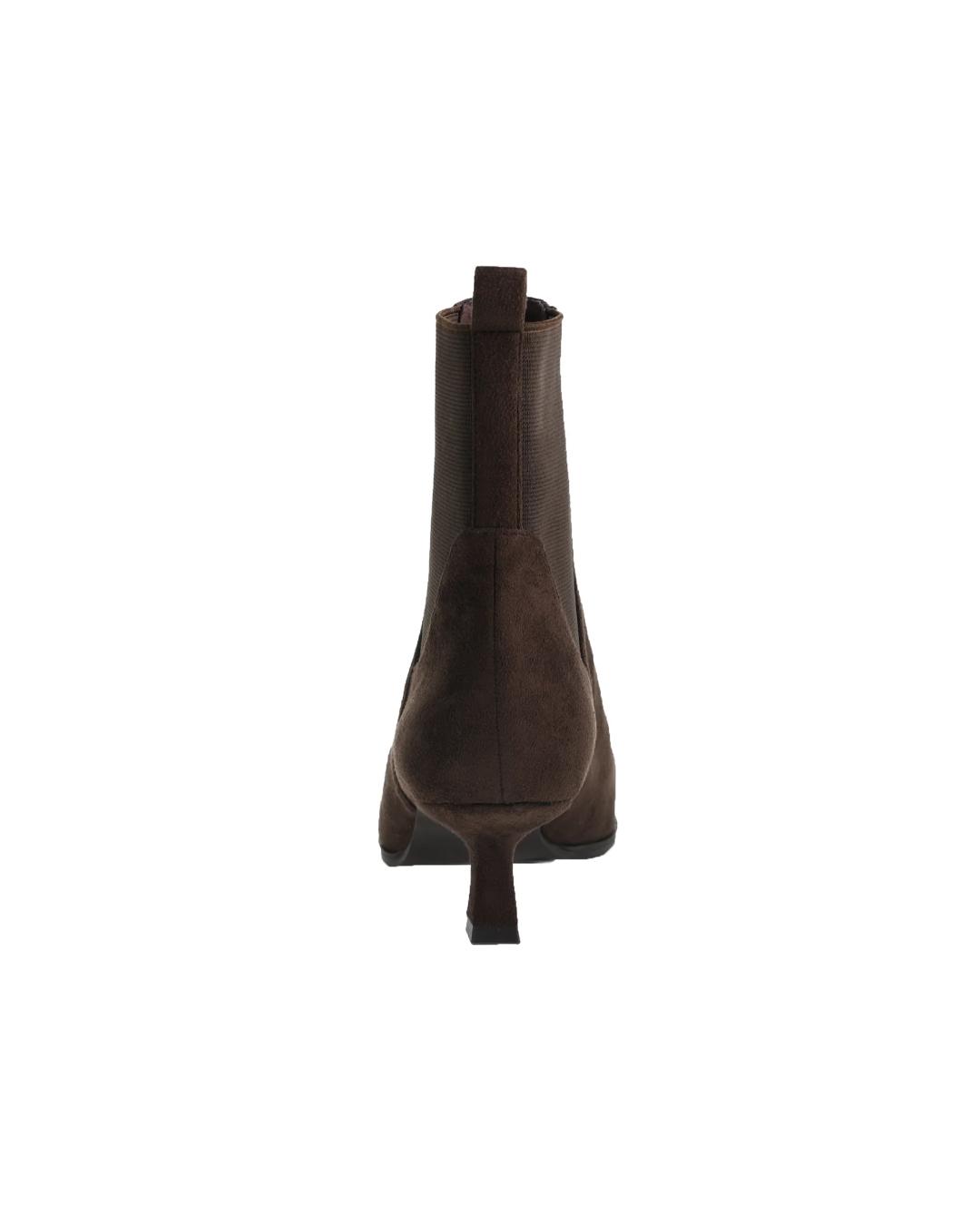 brown suede angle boot with a kitten heel