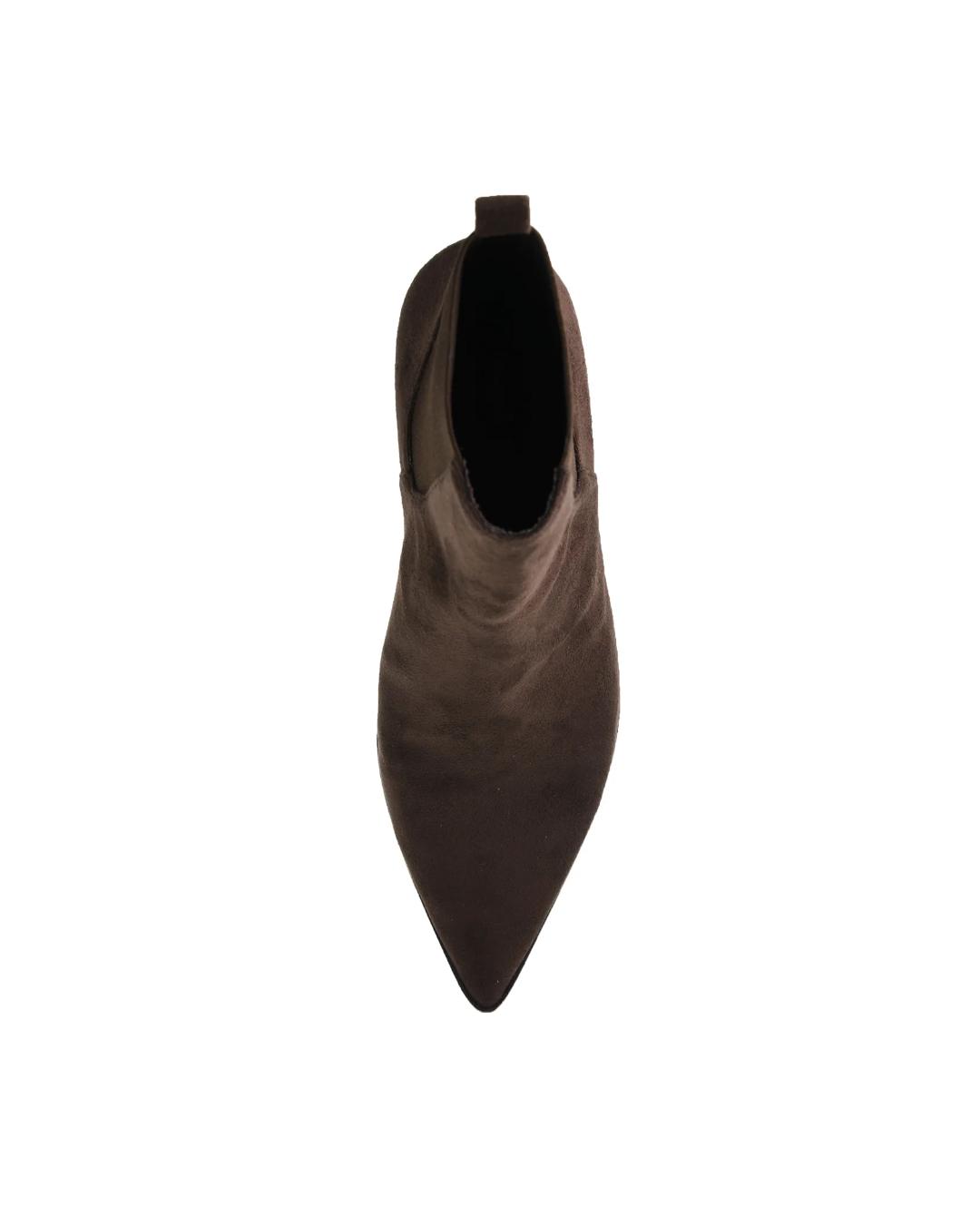 brown suede angle boot with a kitten heel