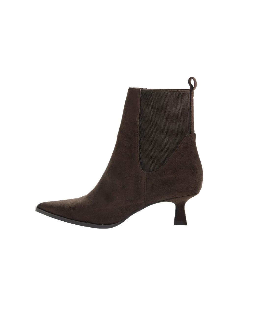 brown suede angle boot with a kitten heel