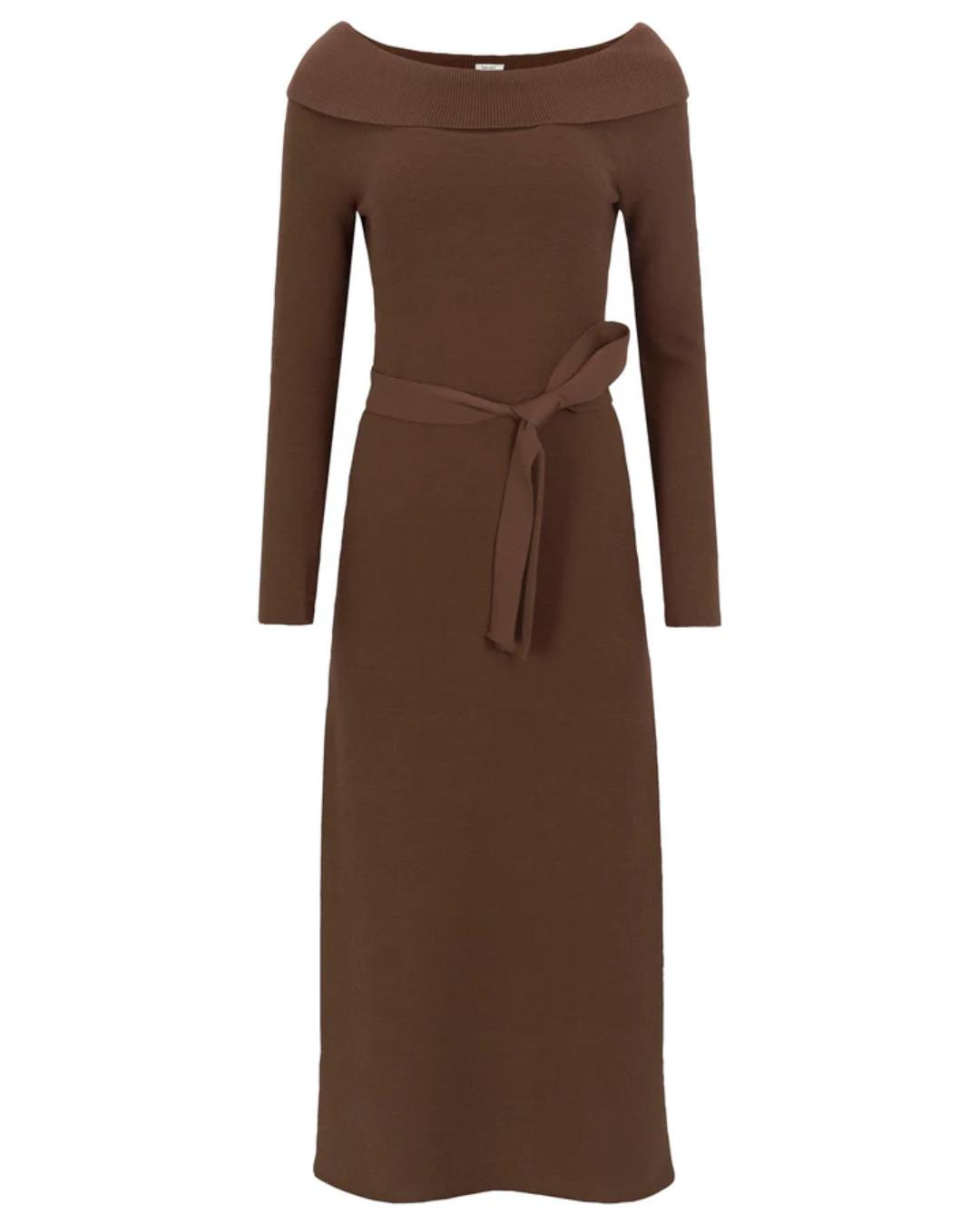 brown off the shoulder sweater dress