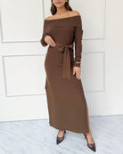 brown off the shoulder sweater dress