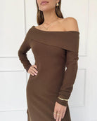 brown off the shoulder sweater dress