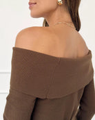brown off the shoulder sweater dress