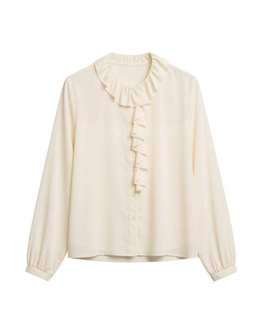 cream blouse with a ruffle collar