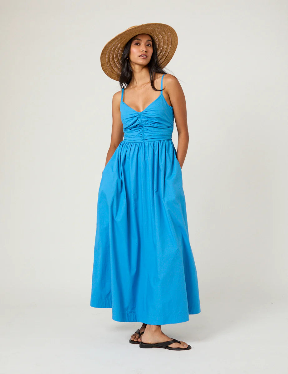 blue midi dress with ruched top