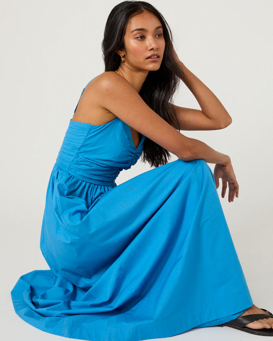 blue midi dress with ruched top