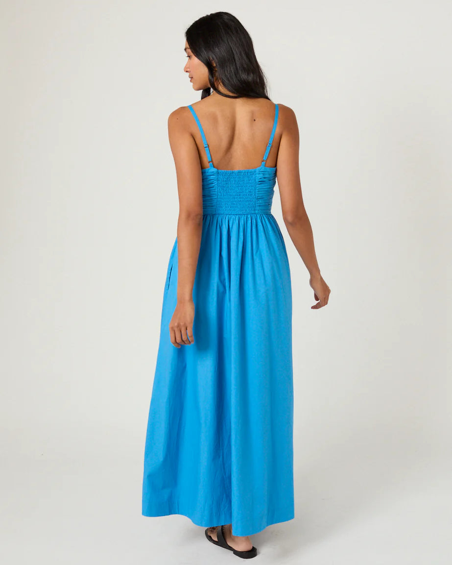 blue midi dress with ruched top