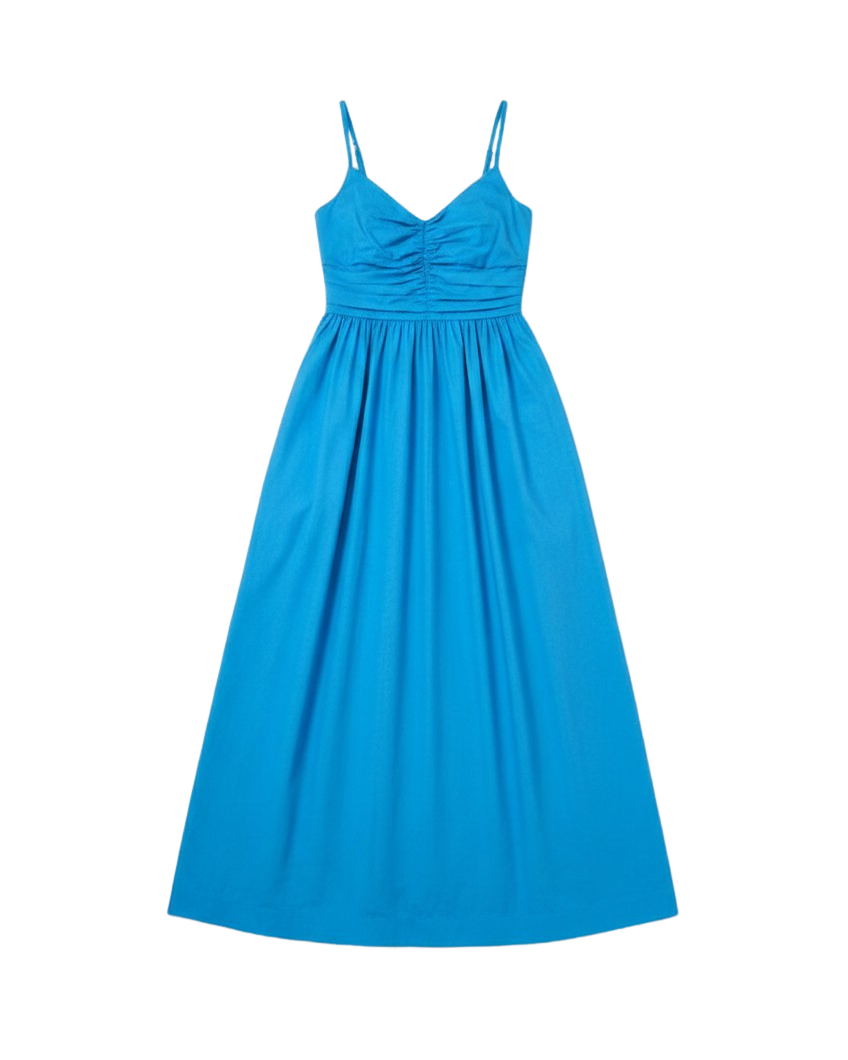 blue midi dress with ruched top