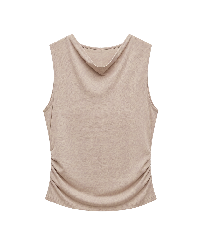 beige tank top with cowl neck
