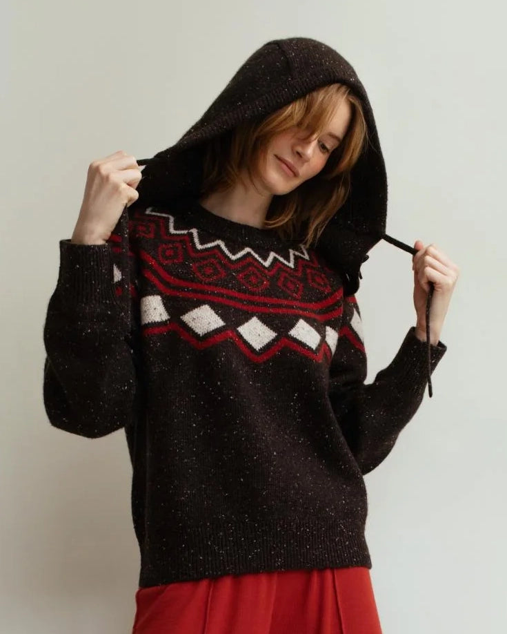 Person wearing a brown knitted hood hat