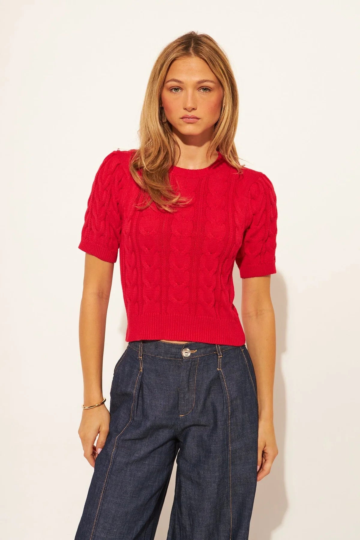short sleeve red cable knit sweater