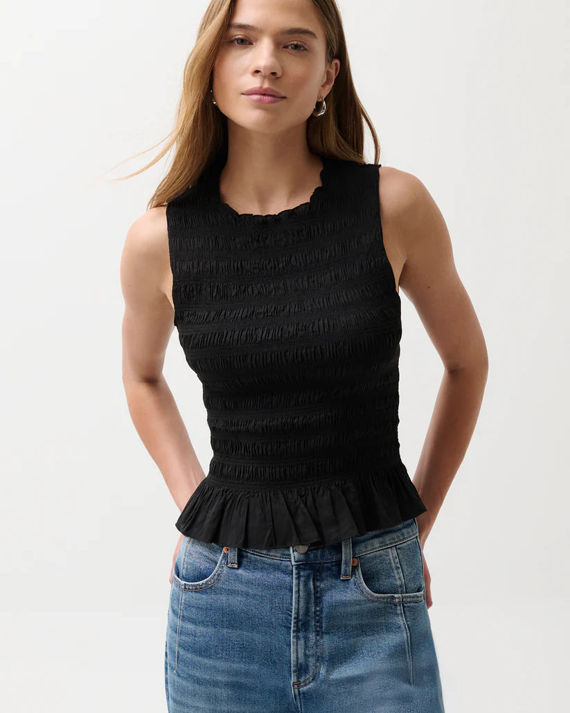 black ruched tank top with peplum bottom