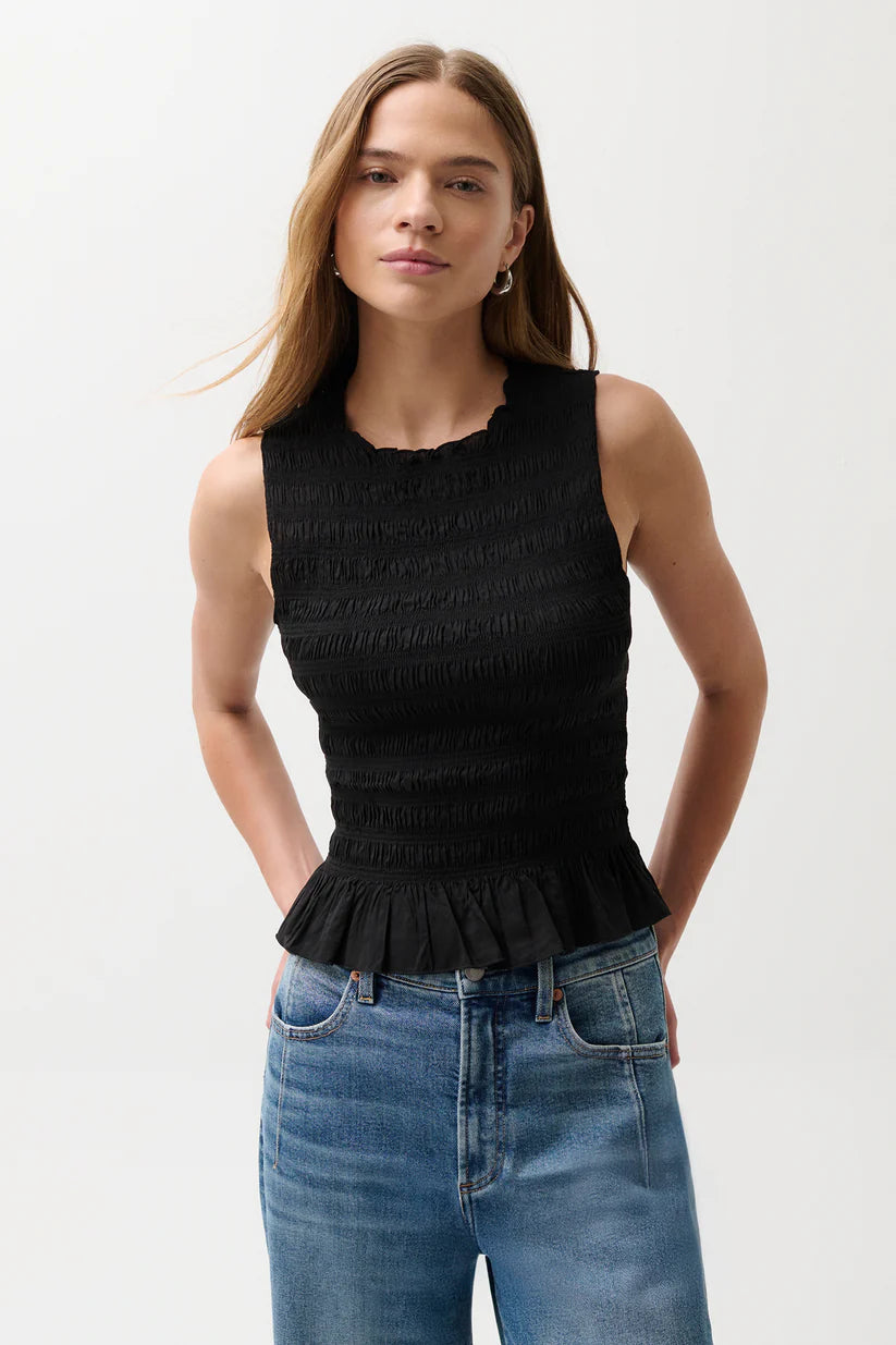black ruched tank top with peplum bottom