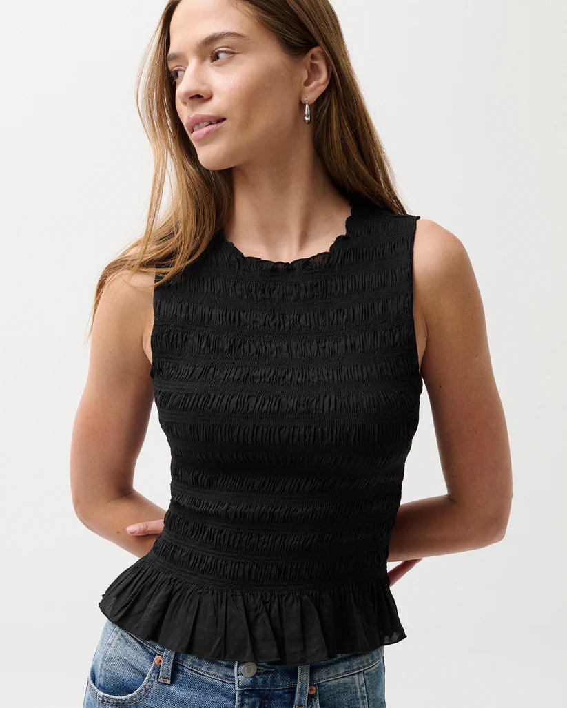 black ruched tank top with peplum bottom