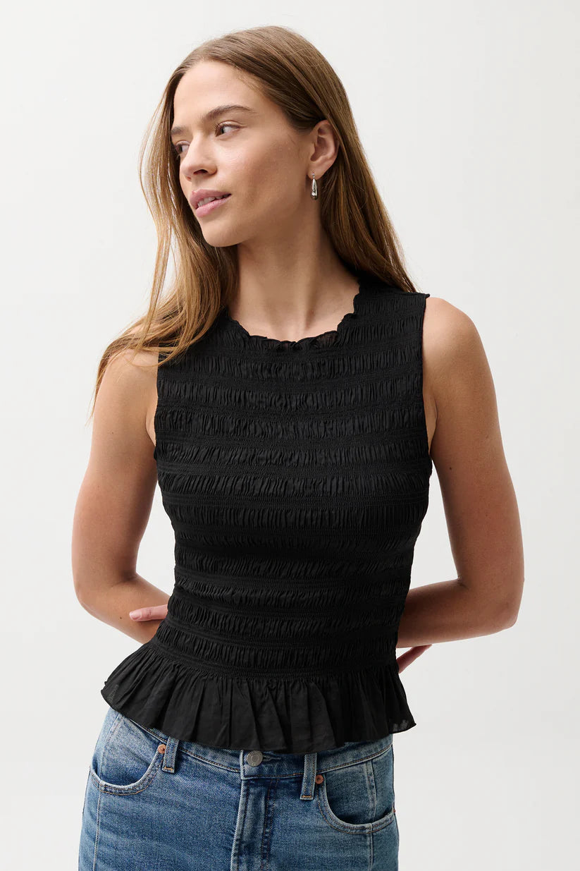 black ruched tank top with peplum bottom
