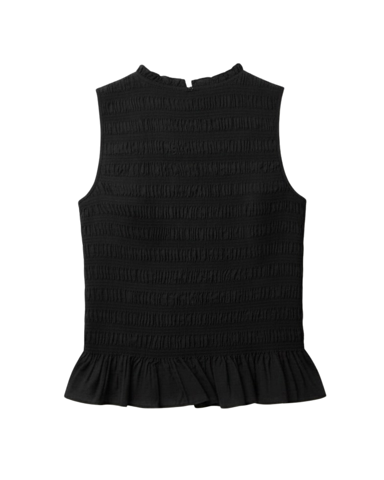 black ruched tank top with peplum bottom