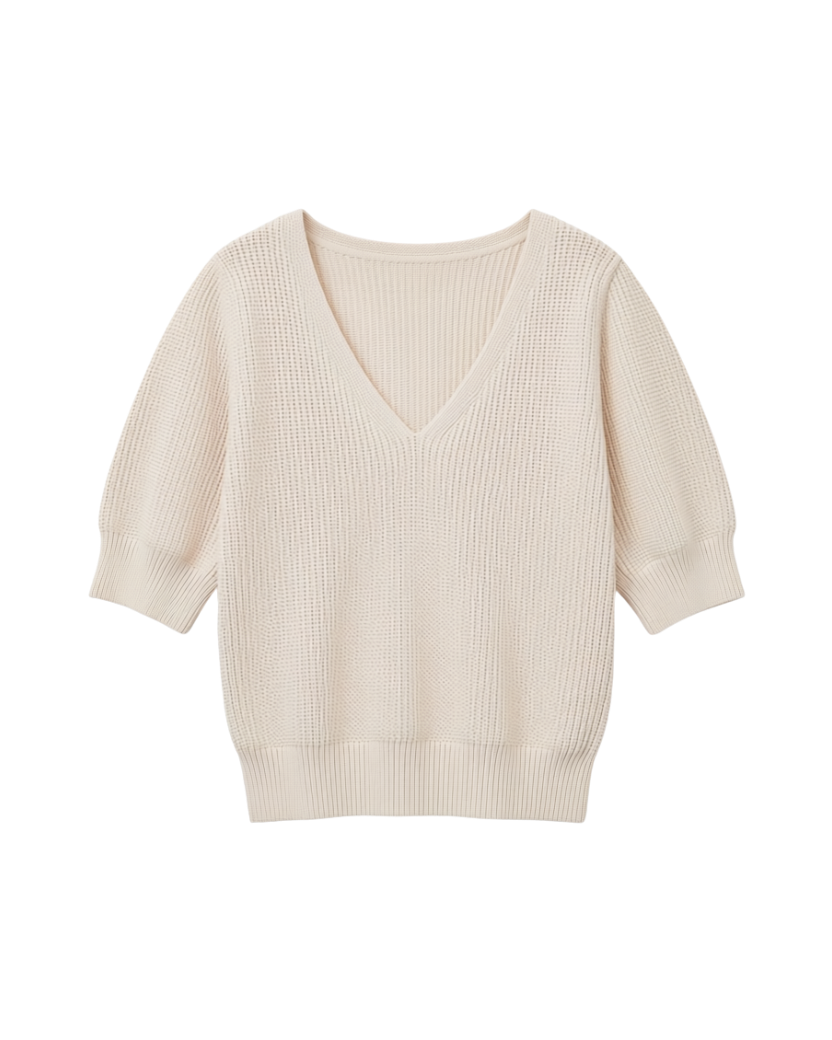 short sleeve knit v-neck sweater top in cream