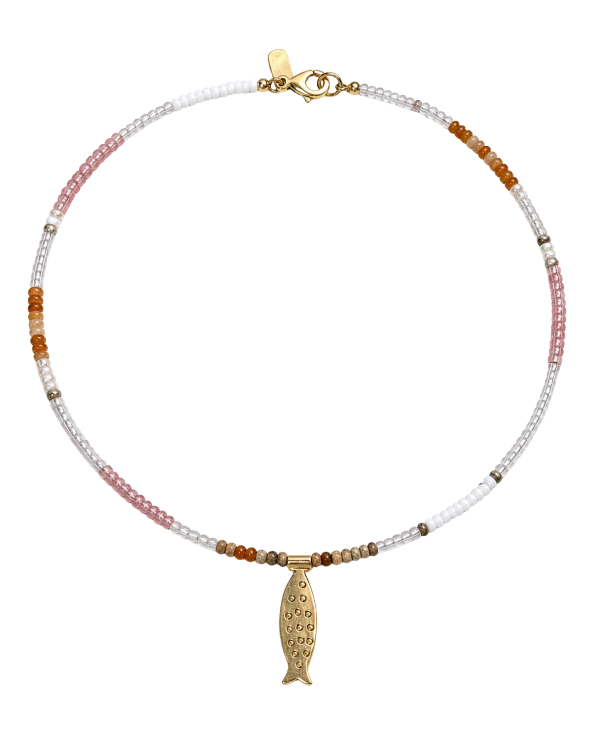colorful beaded necklace with a gold fish pendant