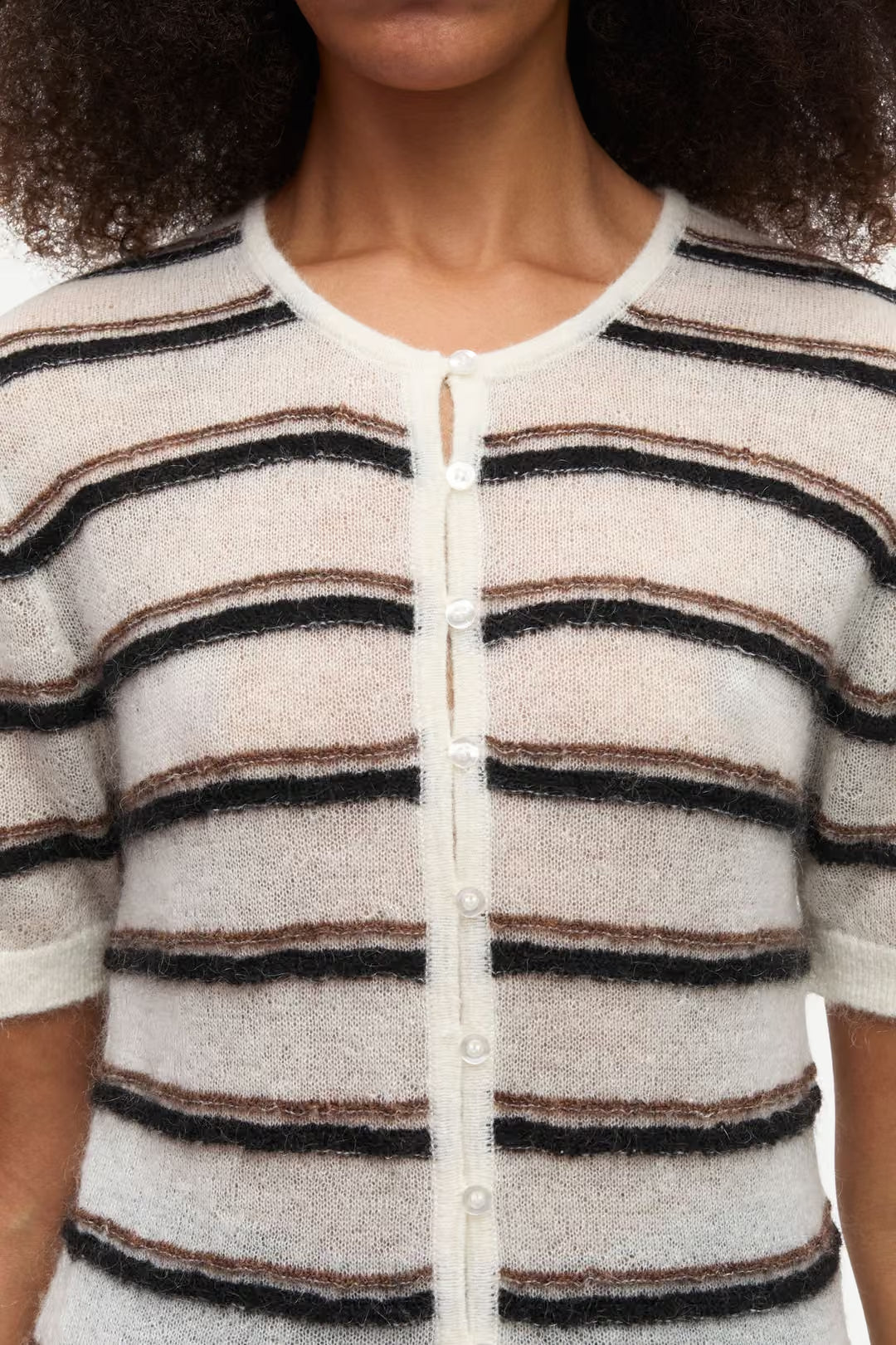 short sleeve cardigan in white with black and brown stripes