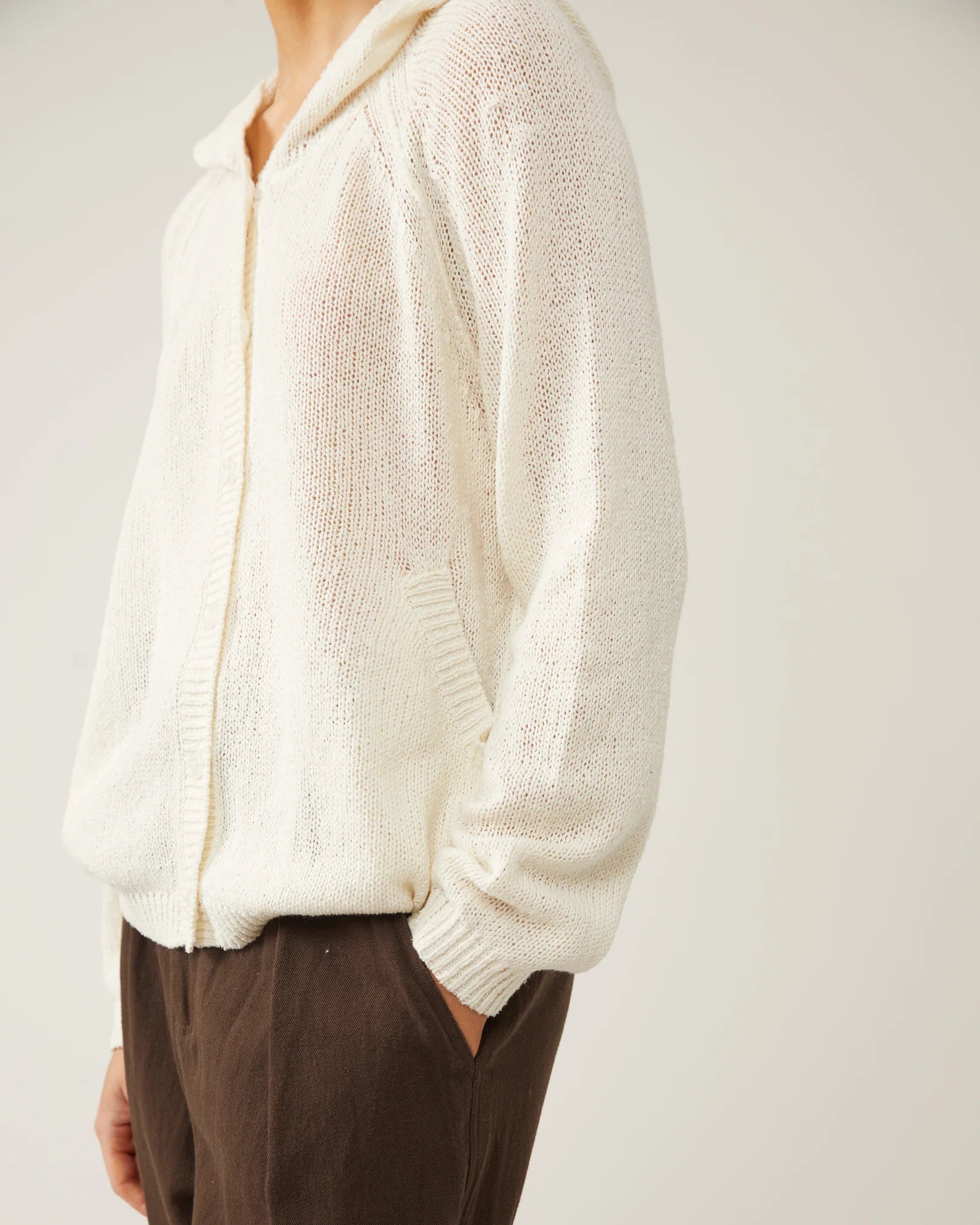 thin knit cardigan with hoodie in white