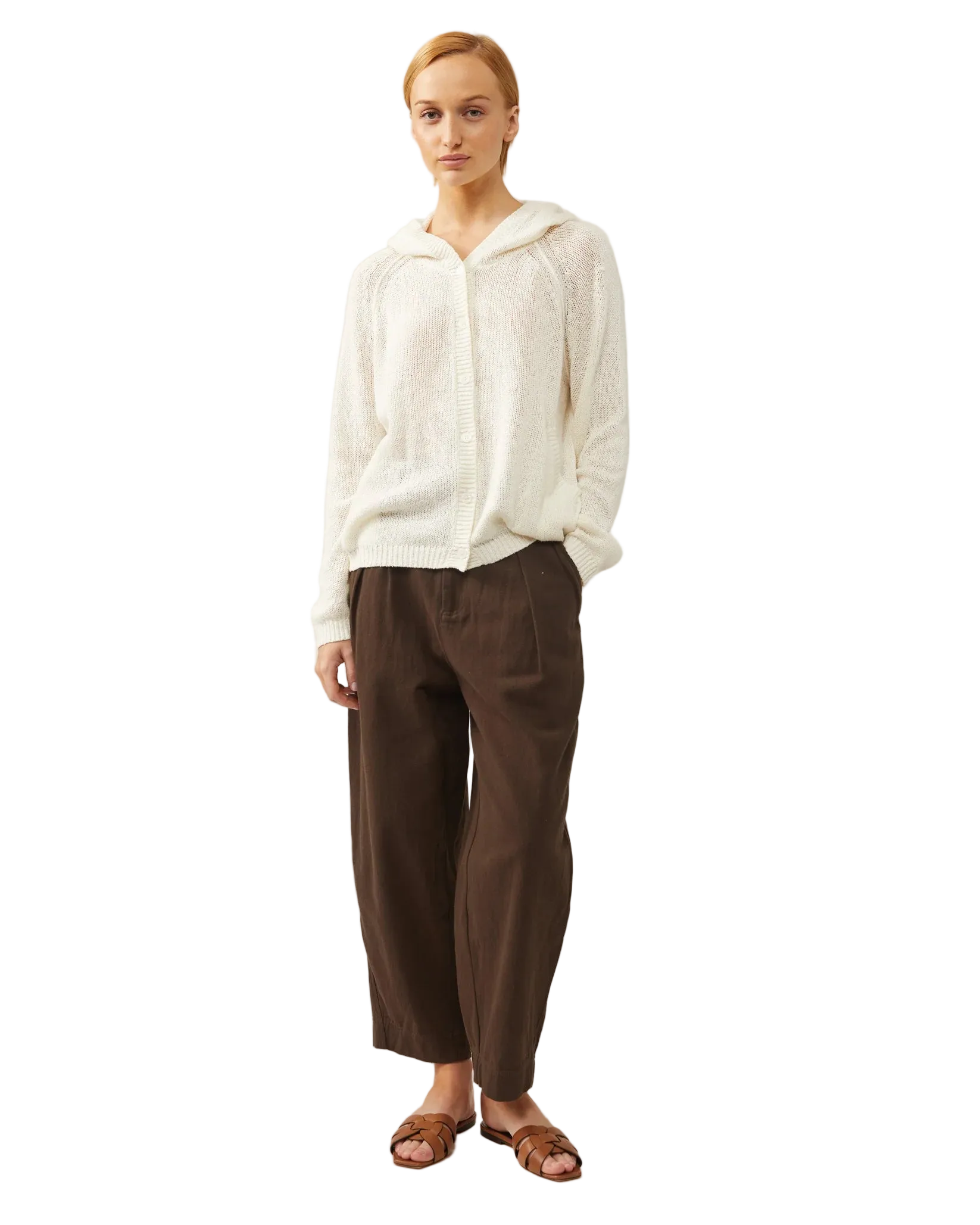 thin knit cardigan with hoodie in white