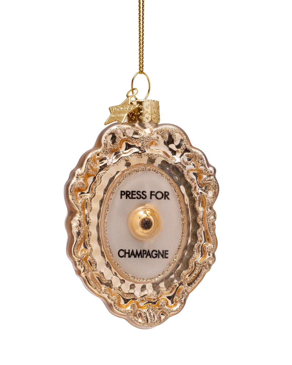gold ornament with text press for champagne
