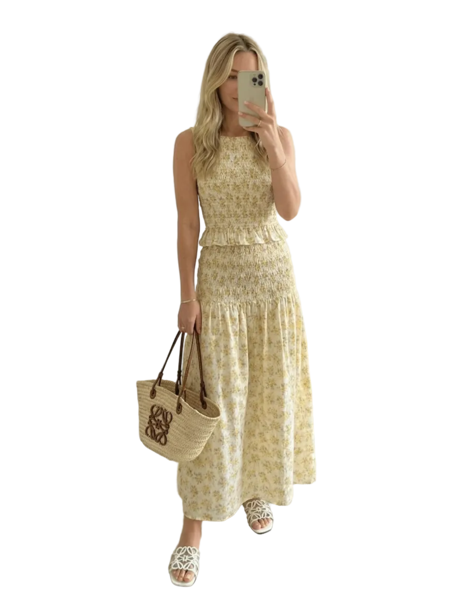 yellow floral tank top and skirt set
