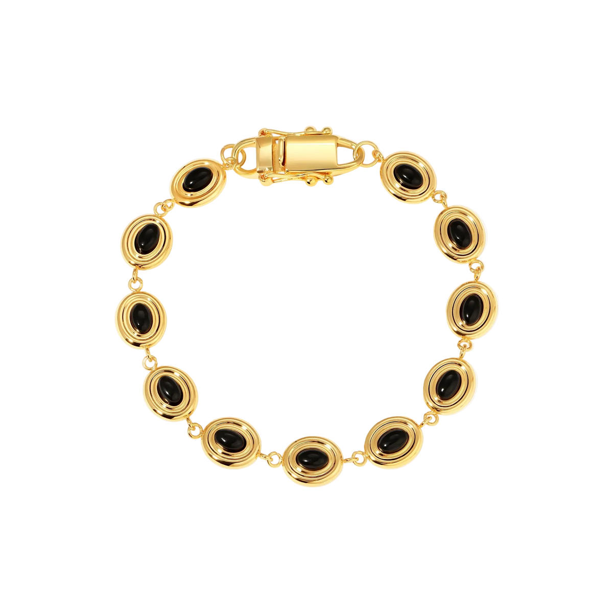 gold oval charm bracelet with black stone in the middle