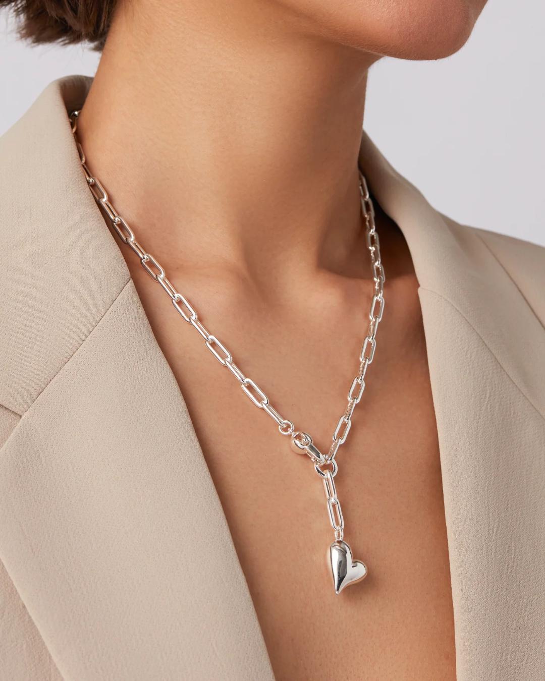 jenny bird link necklace with heart pendant in silver