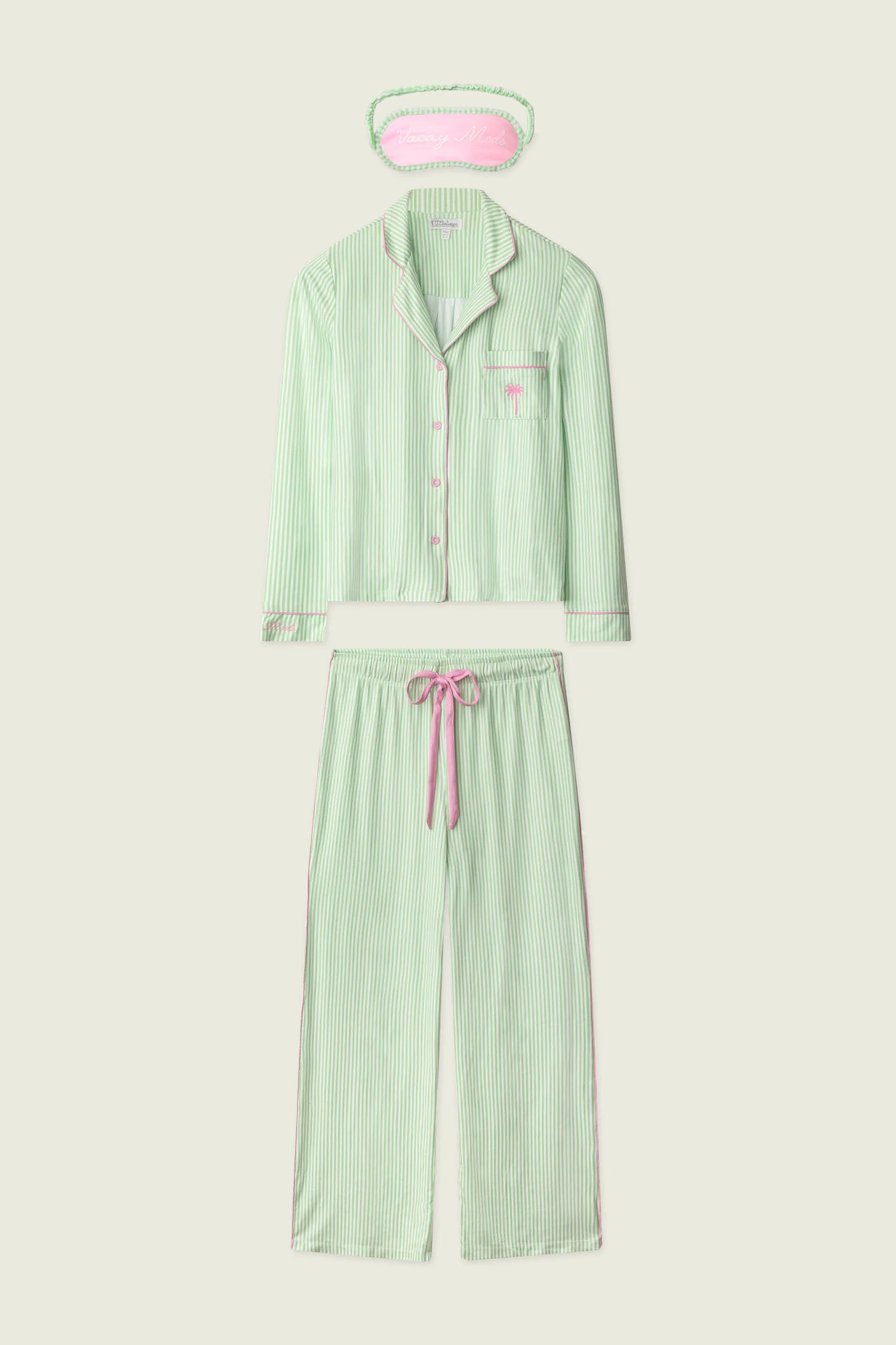 long sleep and pant pj set in green stripe with pink details