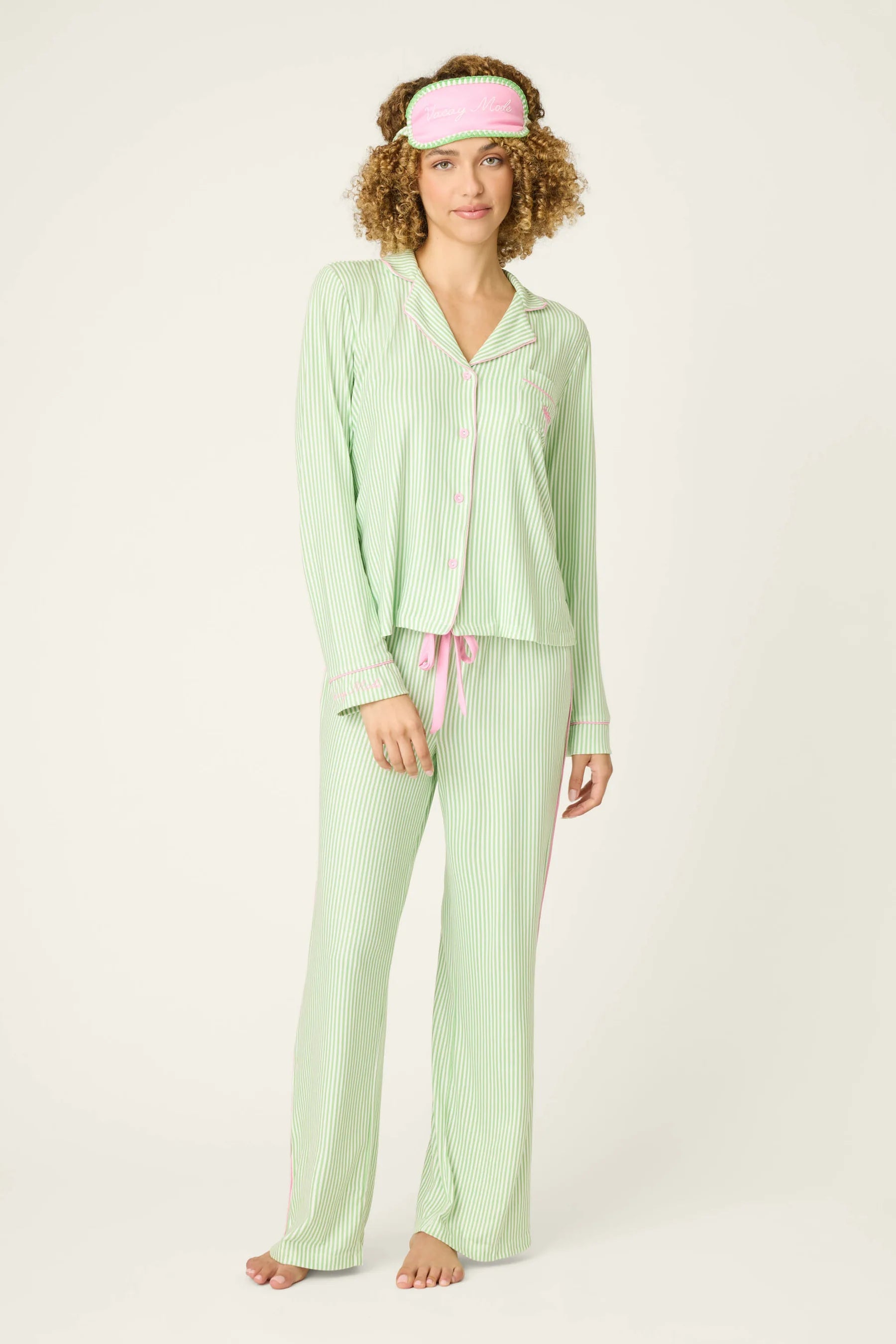 long sleep and pant pj set in green stripe with pink details