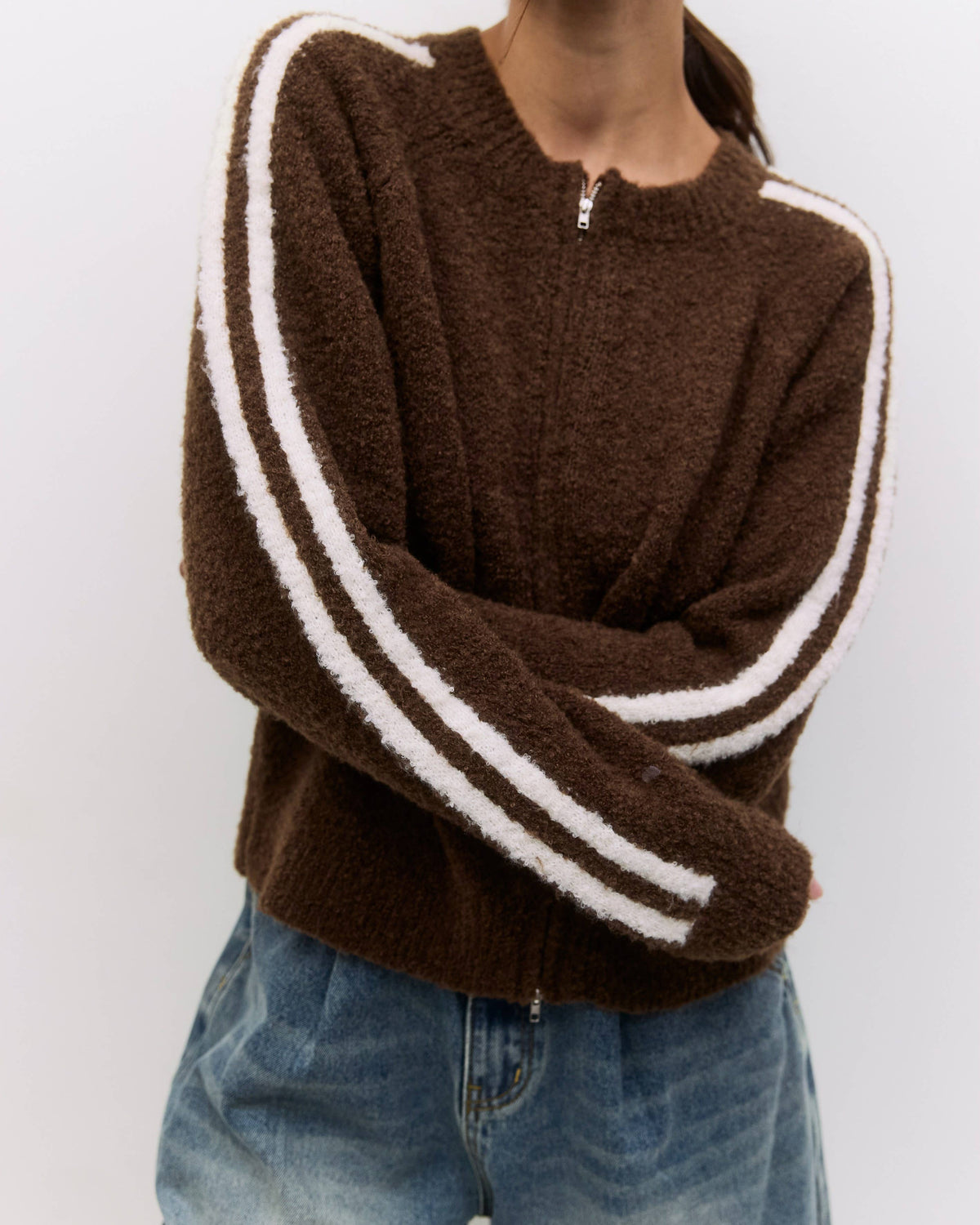 brown knit ip up sweater with white stripe down arms